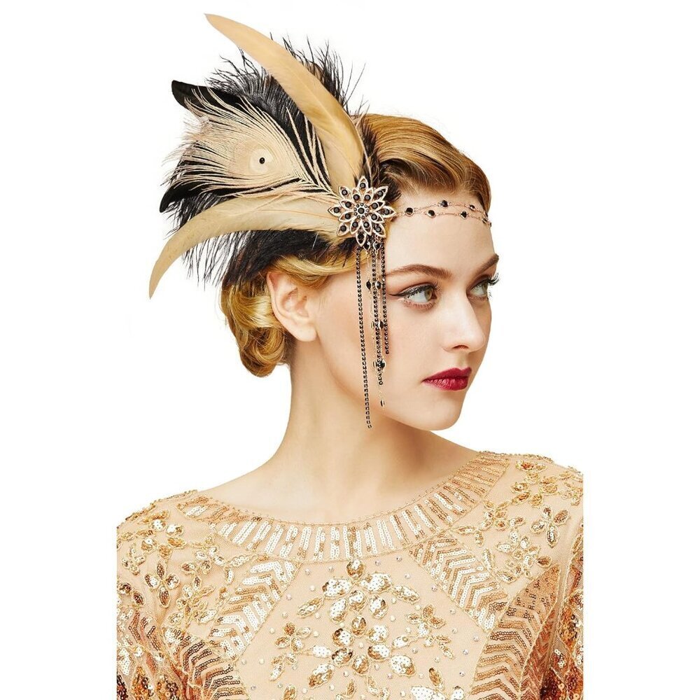 1920s Flapper Feather Crystal Headband Gatsby Style Art Deco Accessory